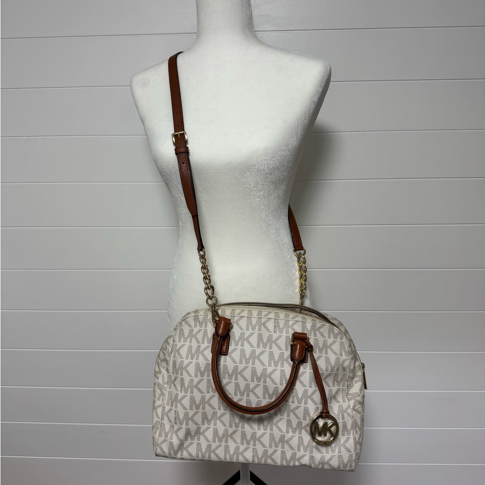 Michael Kors Cream and Brown Satchel with Logo Print